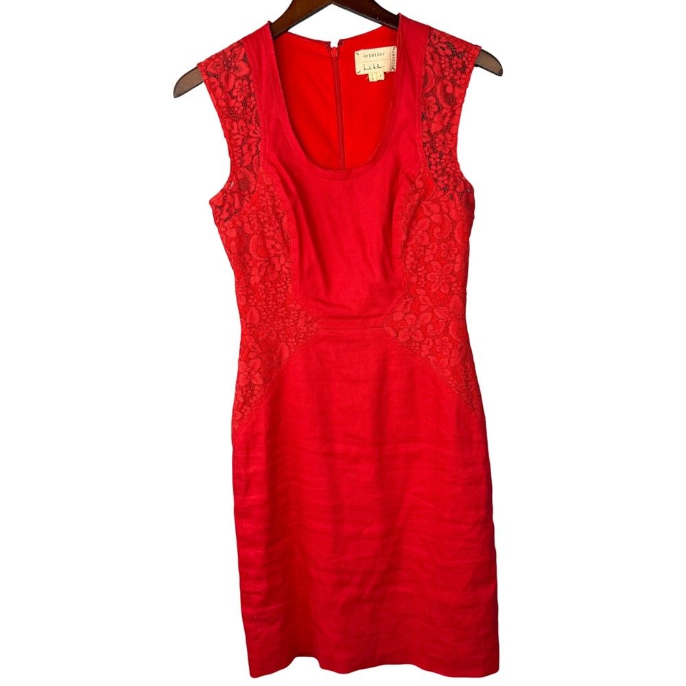 Artelier Nicole Miller Sheath Dress Women Size‎ 2 Red Linen Lace Trim Sleeveless